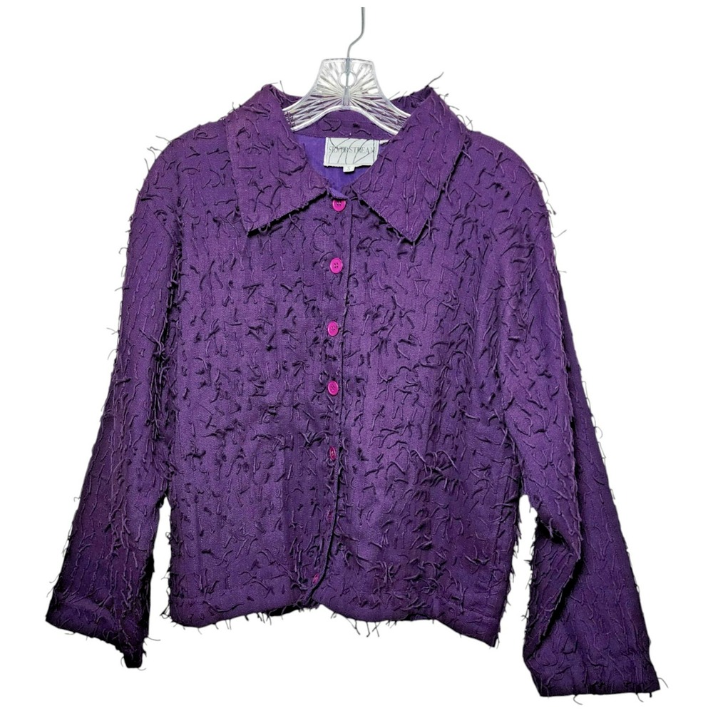 Silver Stream Textured Cotton Jacket Top Purple Frayed Look Women's Small